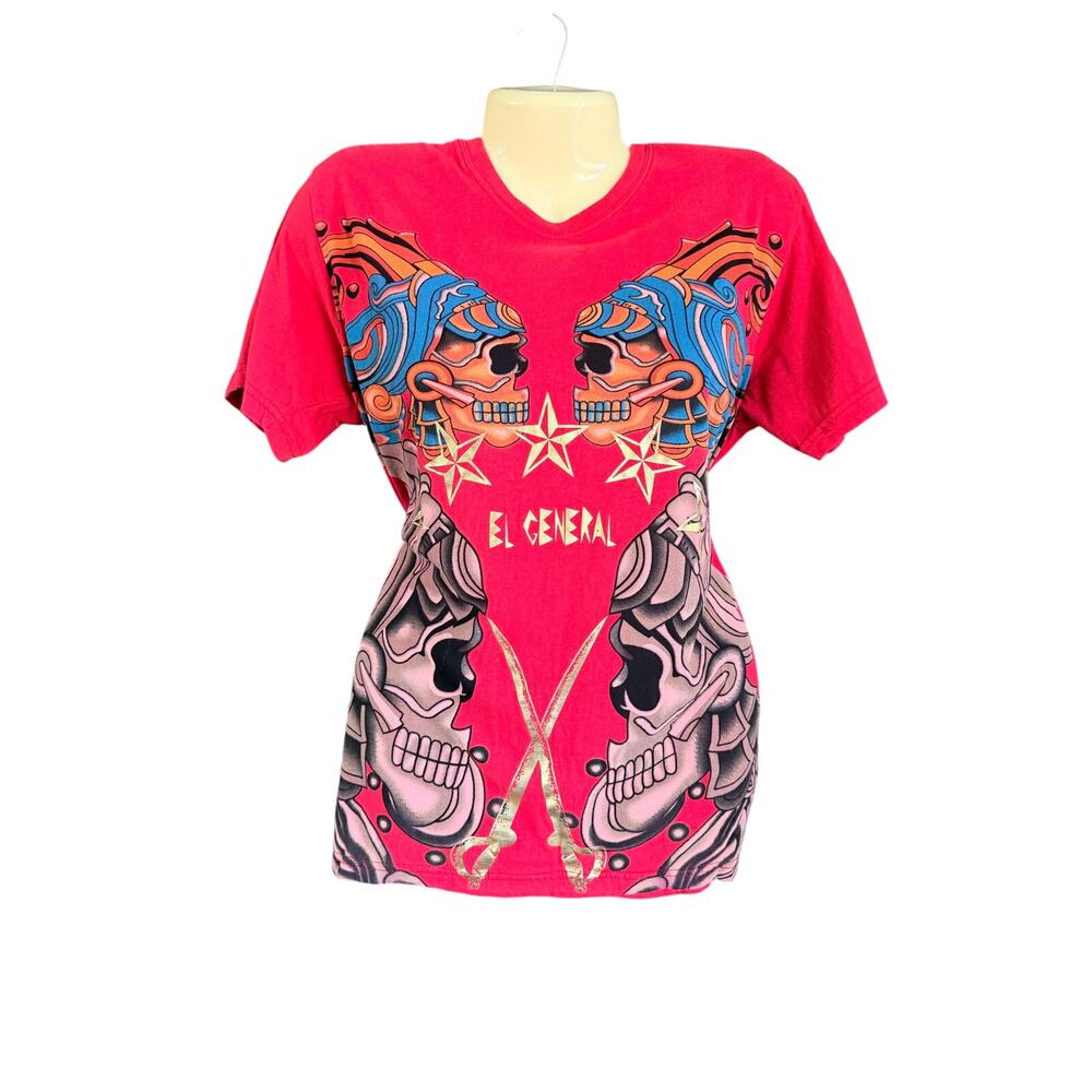 El General Skull Graphic T-Shirt Men's Medium Red 100% Cotton
